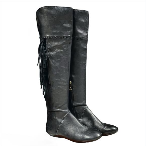 HOUSE OF HARLOW 1960 Tessa Black Over-the-Knee Fringed Leather Boots Size 8.5 - Picture 1 of 11